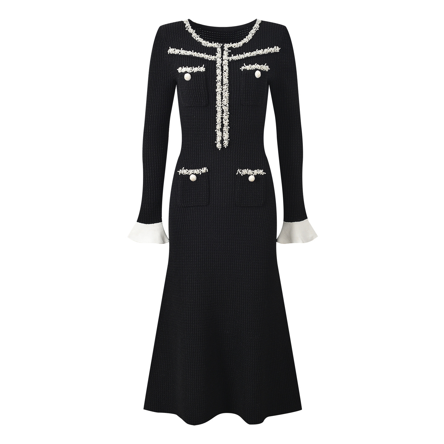 2025 Autumn New French Lady Heavy Beading Waist Cinching Slimming Mermaid Dress Contrast Color Round Neck Long Dress - Image 2