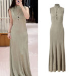 2025 Fall New Fashion Stylish Golden Elegant Lace-Embellished Single-Button High-Collar Sleeveless Knit Dress