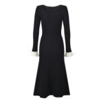 2025 Autumn New French Lady Heavy Beading Waist Cinching Slimming Mermaid Dress Contrast Color Round Neck Long Dress - Image 3