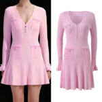 2025 Fall New Collection: V-neck design elegant fashionable and slim long-sleeved dress pink 5250398