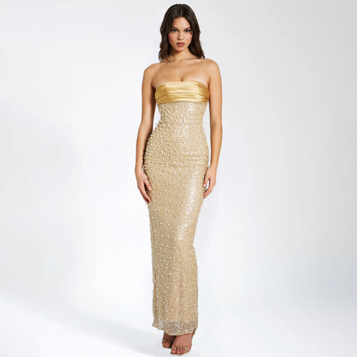 New Gold Pearl Evening Gown, Same Style as Red Carpet Star, Luxury Fitted Backless Train Dress