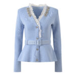 2025 Autumn-Winter New Model: French Aristocratic Diamond-Encrusted Lace-Pieced V-Neck Top with Belt, Elegant, Stylish, Slimming Effect 5250298 - Image 2