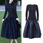 2025 Fall Season Elegant Color-Contrasted Lined Large-Skirt Bell-Sleeve Knit Slim-Waist Long-Sleeve Dress 5250401