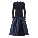 2025 Fall Season Elegant Color-Contrasted Lined Large-Skirt Bell-Sleeve Knit Slim-Waist Long-Sleeve Dress 5250401 - Image 3