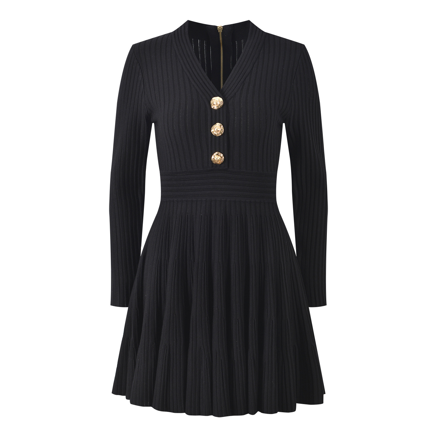 2025 Autumn/Winter New Style French Chic Little Black Dress with V-neck, Metal Buckle, Slimming Waistline, Elegance and Grace, Long Sleeve - Image 5