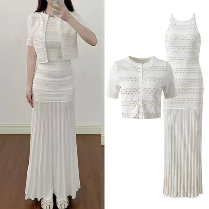 2025 Autumn-Winter New Model: Embellished Pearl, Elegant, Round Neck, Short Sleeve, Open Cardigan, Slim Fit, Slender Backless Dress Set