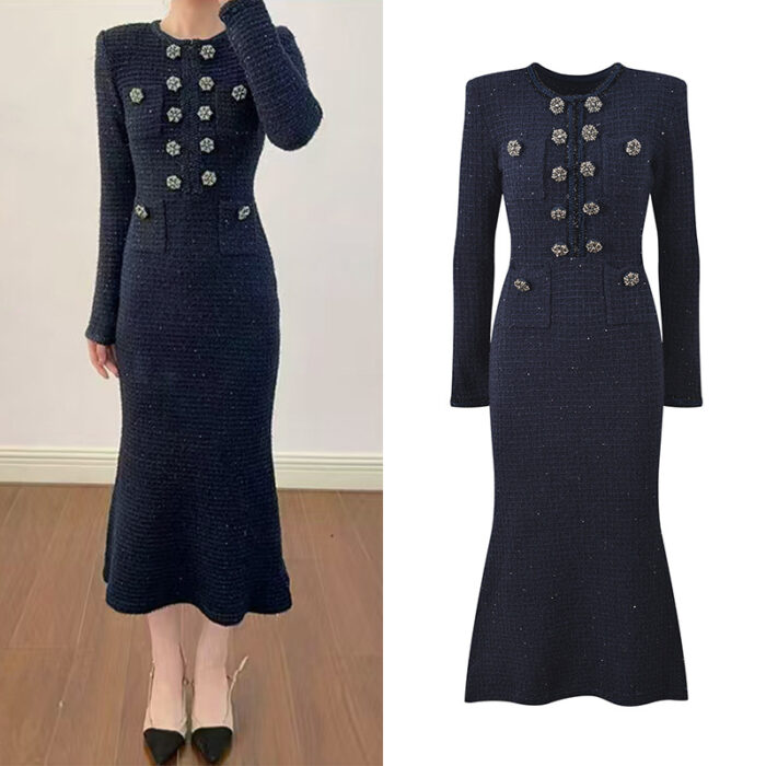 2025 Fall-Winter New Model: Elegant, Chic, Graceful, Fashionable Round Neck Double-Button Slim-Fit Skinny Dress 5250297
