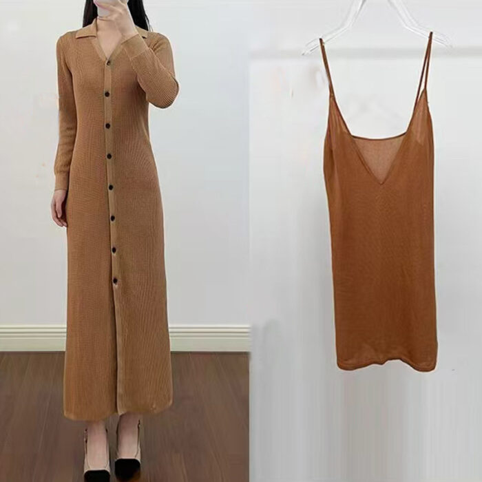 2025 Fall-Winter New Arrivals: Khaki-colored V-neck, single-button, elegant, slim-fitting, long-sleeve dress + strapless set