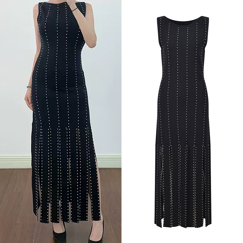 2025 Fall New Model: Zipper Decoration, Flowing Sleeveless Lace Chiffon Dress with Flowing Sleeves and Flowing Fringe, Stylish and Slim Fit, Round Neck 5250291