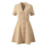 2025 Summer New Fashion French Noblewoman V-Neck Metal Button Elegant Stylish Slim-Fit Short Sleeve Lace Dress