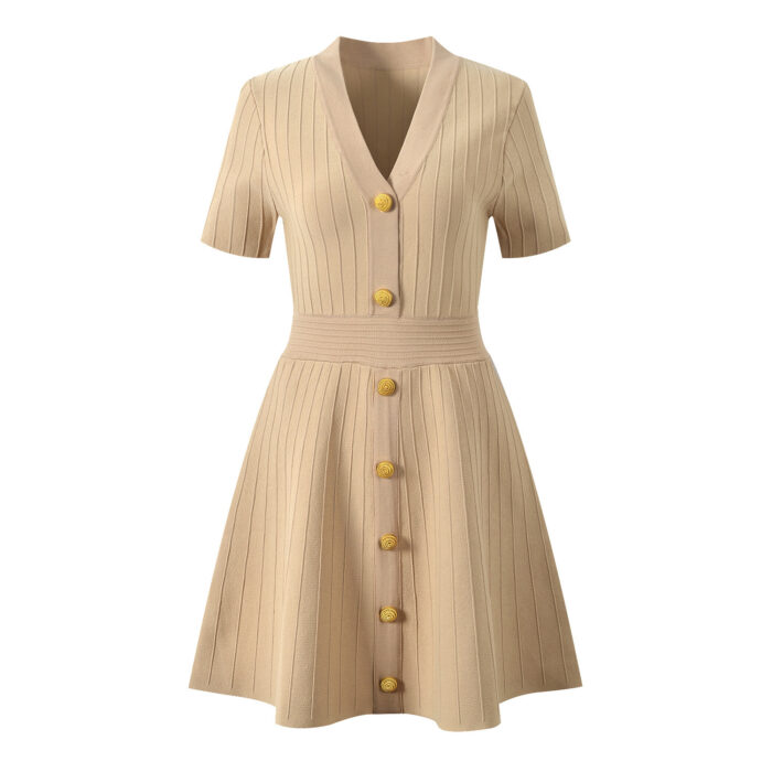 2025 Summer New Fashion French Noblewoman V-Neck Metal Button Elegant Stylish Slim-Fit Short Sleeve Lace Dress