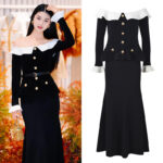 2025 Fall-Winter New Model: French Elegance, Color-Blocking, Sexy One-Shoulder Neckline, Lace Hem, Slim Fit, Long Dress 5240335