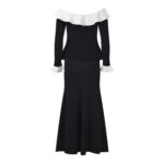 2025 Fall-Winter New Model: French Elegance, Color-Blocking, Sexy One-Shoulder Neckline, Lace Hem, Slim Fit, Long Dress 5240335 - Image 3