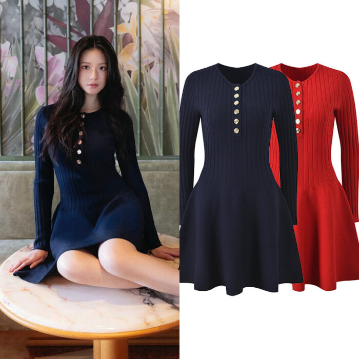 2025 Fall New Model: French Chic Style, Slim-Fit, Single-Row Button, Elegant, Versatile, Long-Sleeve Knit Lace Dress 5250375