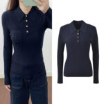 2025 Fall New Fashion French Niche Design Deep Blue Ribbed Knot Floral Reversible Collar Slim Fit Knit Hoodie  5250326