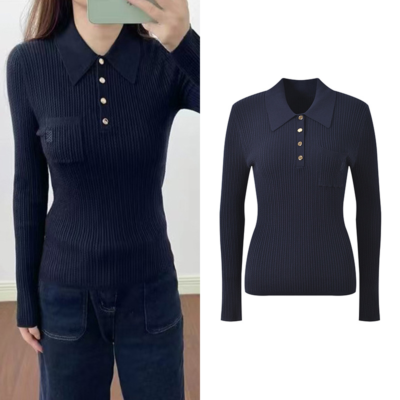 2025 Fall New Fashion French Niche Design Deep Blue Ribbed Knot Floral Reversible Collar Slim Fit Knit Hoodie 5250326