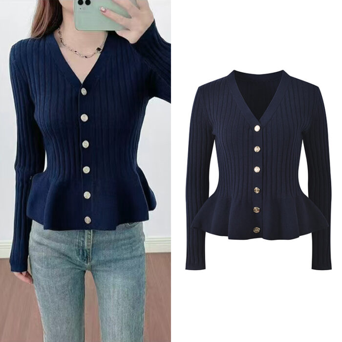 2025 Autumn-Winter New Model: V-neck with Lotus Leaf Edges, Contoured Waist, Slimming Effect, Elegant, Stylish, Knit Cardigan Top 5250374