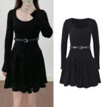 2025 Fall New Design: Ribbed Round Neck, Slim-Fit with Waist Cinch and Belt-Pieced Knit Lace-Up Velvet Long Dress 5250368