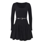 2025 Fall New Design: Ribbed Round Neck, Slim-Fit with Waist Cinch and Belt-Pieced Knit Lace-Up Velvet Long Dress 5250368 - Image 2