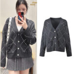 2025 Fall-Winter New Model Gray Heavy-Work Embroidered Beaded Loose Fashion Versatile Commuter V-Neck Knit Cardigan Sweater Jacket 5250348