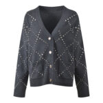 2025 Fall-Winter New Model Gray Heavy-Work Embroidered Beaded Loose Fashion Versatile Commuter V-Neck Knit Cardigan Sweater Jacket 5250348 - Image 2