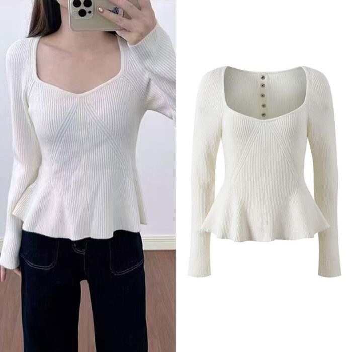 2025 Autumn-Winter New Model: White Square-Mouth Collar Design, Back Row Button, Elegant, Stylish, Slim-Fit, Long Sleeve, Knit Top 5250356