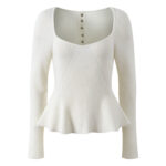 2025 Autumn-Winter New Model: White Square-Mouth Collar Design, Back Row Button, Elegant, Stylish, Slim-Fit, Long Sleeve, Knit Top 5250356 - Image 2