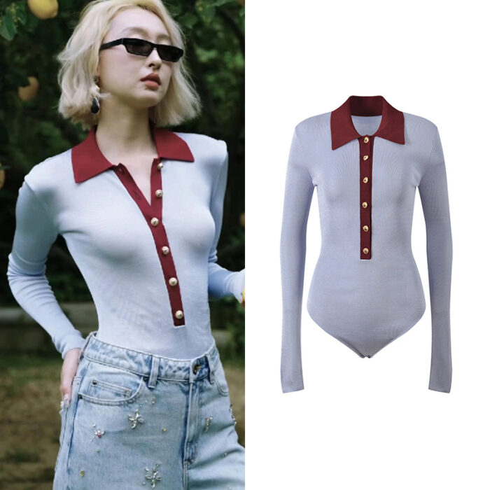 2025 Fall New Model: Color-Blocked Reversible Collar, Slim Fit, Sleek Appearance, Stylish, Suitable for Work, Versatile, Long Sleeve, Knit, One-Piece Dress 5250325