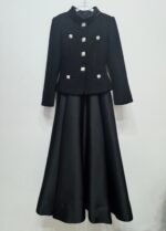 2025 autumn and winter new women's clothing black coarse tweed splicing elegant temperament long sleeved small stand up collar dress evening gown - Image 2