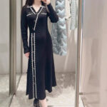 2024 Spring French Elegant V-neck Black Knitted Dress, High Grade Long Sleeve Bottom Skirt, Long Skirt 5230413