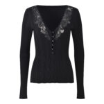 2025 Autumn New Gentle Aging Lace Splicing V-neck Hollow out Slim Fit Knitted Top 52250299 - Image 2
