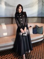 2025 autumn and winter new women's clothing black coarse tweed splicing elegant temperament long sleeved small stand up collar dress evening gown