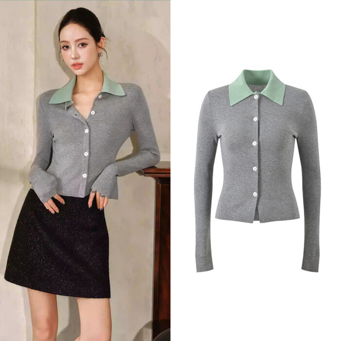 2025 early autumn new contrasting polo collar style, fashionable and versatile, slim fit and slimming, light gray short knitted cardigan 5250203
