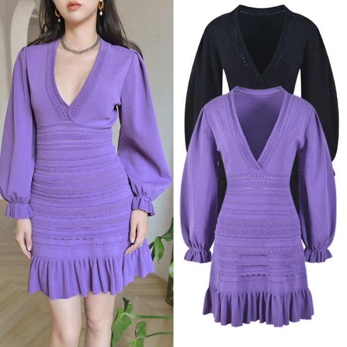 2025 summer temperament slimming lantern sleeve V-neck dress long sleeved hollow high waisted short skirt