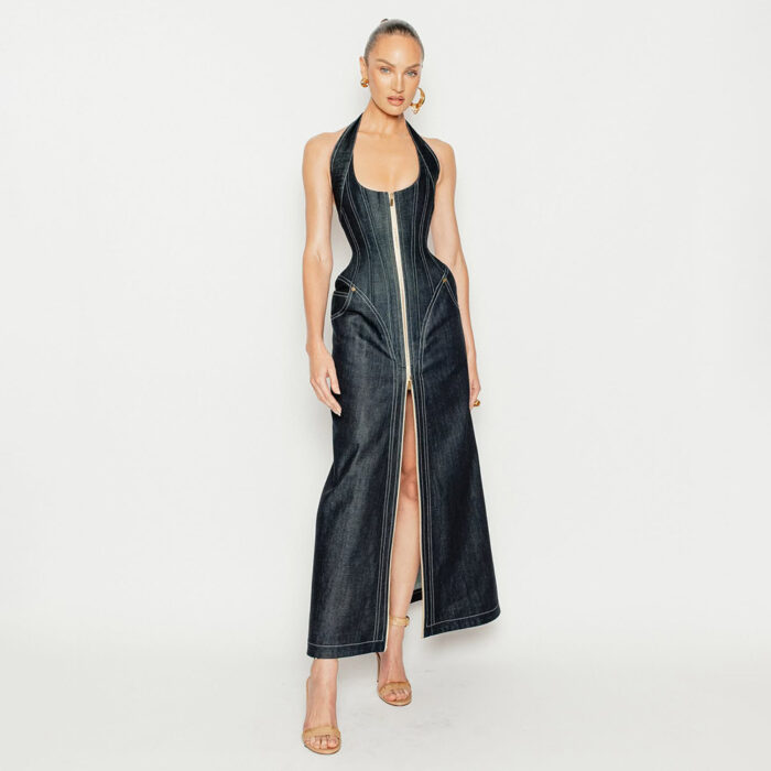 Elegant pure-colored sleeveless hanging neckline fitted back-exposed dress with a backpack silhouette featuring a touch of denim cross-border European-style summer