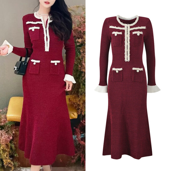 2025 Spring/Summer New French socialite Xiaoxiangfeng wine red nail bead temperament fashionable and elegant long dress 5250121