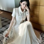 2025 autumn and winter new woolen patchwork chiffon pleated long dress with a slim fit and short sleeved small dress