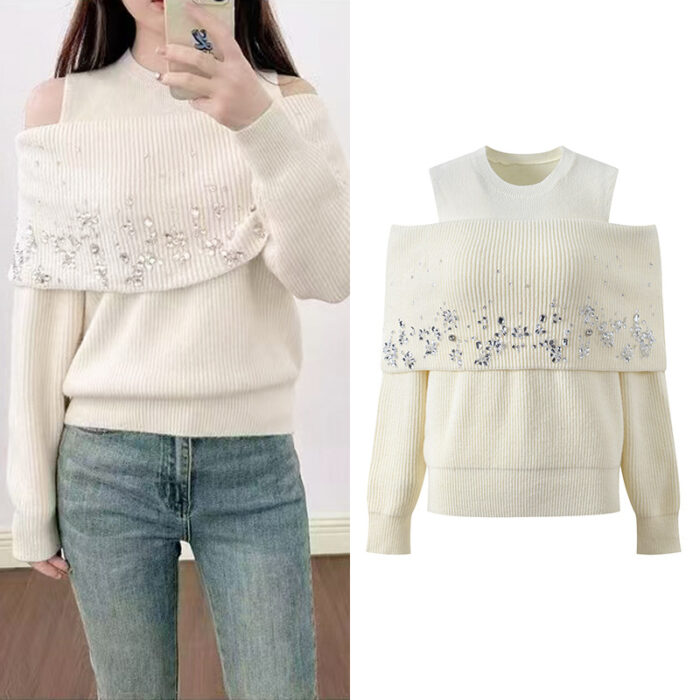 2025 Fall-Winter season new niche design with sparkling elements round neck off-shoulder style sophisticated stylish and elegant mock-two-piece knit sweater