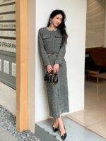 Autumn and winter new women's clothing miu series small fragrant style outfit, dark gray woolen versatile high waisted slit long skirt, half skirt
