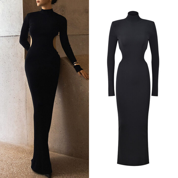 2025 Fall-Winter New Design: Stylish Sexy Slim-Fit High-Collar Long-Length Dress with a Flowing Silhouette