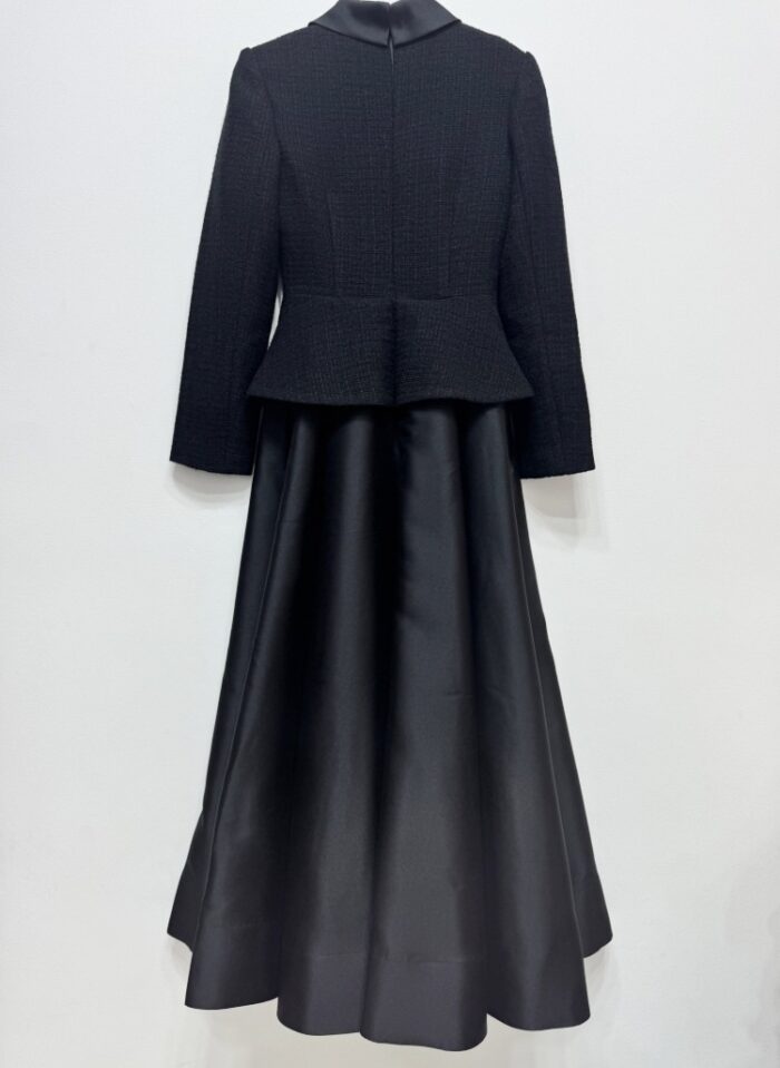 2025 autumn and winter new women's clothing black coarse tweed splicing elegant temperament long sleeved small stand up collar dress evening gown - Image 3