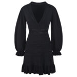 2025 summer temperament slimming lantern sleeve V-neck dress long sleeved hollow high waisted short skirt - Image 2