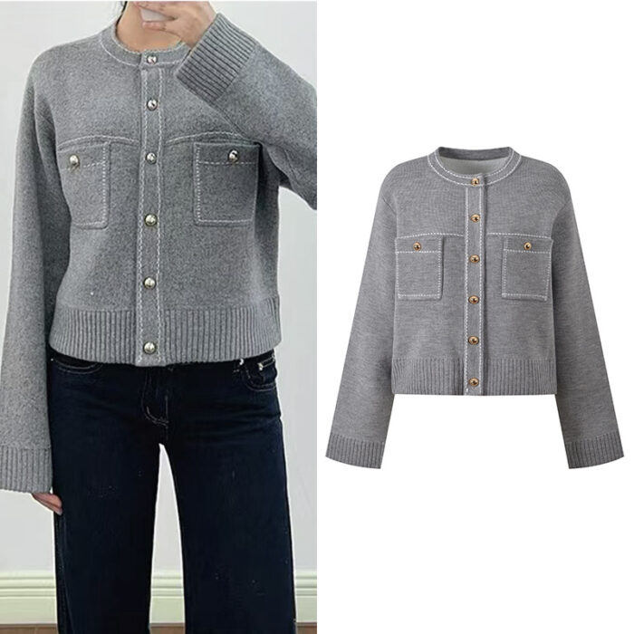 2025 Autumn-Winter New Model: Stylish, Gray, Elegant, Fashionable, Commuter-Friendly, Short-Length, Round Neck Cardigan 5250362