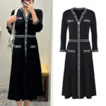 2025 Fall-Winter New Model: V-neck, single button placket, elegant, fashionable, slim-fitting, pleated, long-sleeved, knitted dress 5250340
