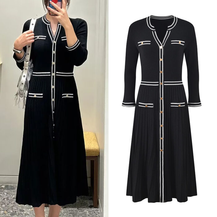 2025 Fall-Winter New Model: V-neck, single button placket, elegant, fashionable, slim-fitting, pleated, long-sleeved, knitted dress 5250340