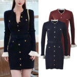 2025 Fall New Model: Elegant, Stylish, Slim Fit, Color-Blocking, Round Neck, Single Row Button, Including Belt, Long Sleeve Lace Dress 5250350