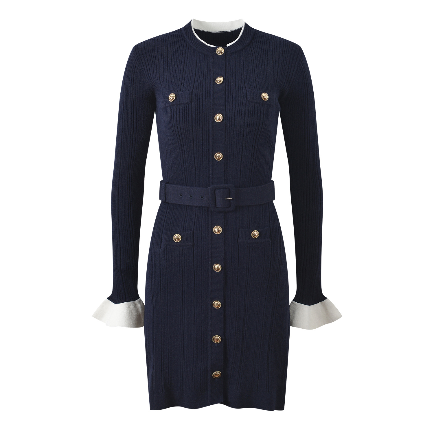 2025 Fall New Model: Elegant, Stylish, Slim Fit, Color-Blocking, Round Neck, Single Row Button, Including Belt, Long Sleeve Lace Dress 5250350 - Image 2