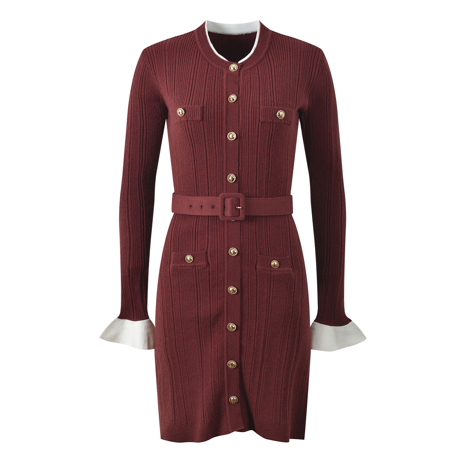 2025 Fall New Model: Elegant, Stylish, Slim Fit, Color-Blocking, Round Neck, Single Row Button, Including Belt, Long Sleeve Lace Dress 5250350 - Image 4