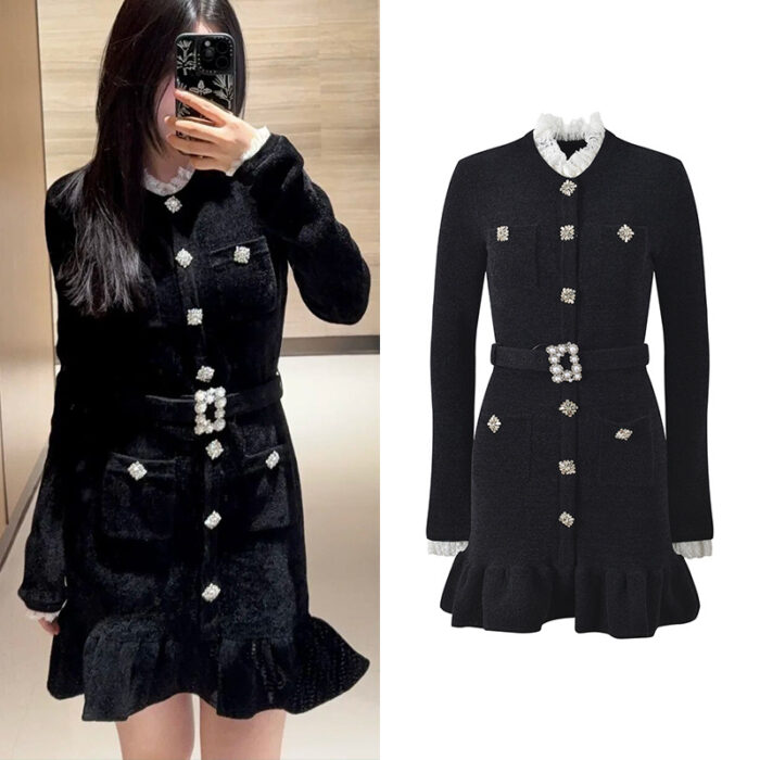 2025 Autumn-Winter New Model: French Chic Lace Edge Seamless Style, Elegant, Stylish, Slim-Fit, Slimming Dress 5250339