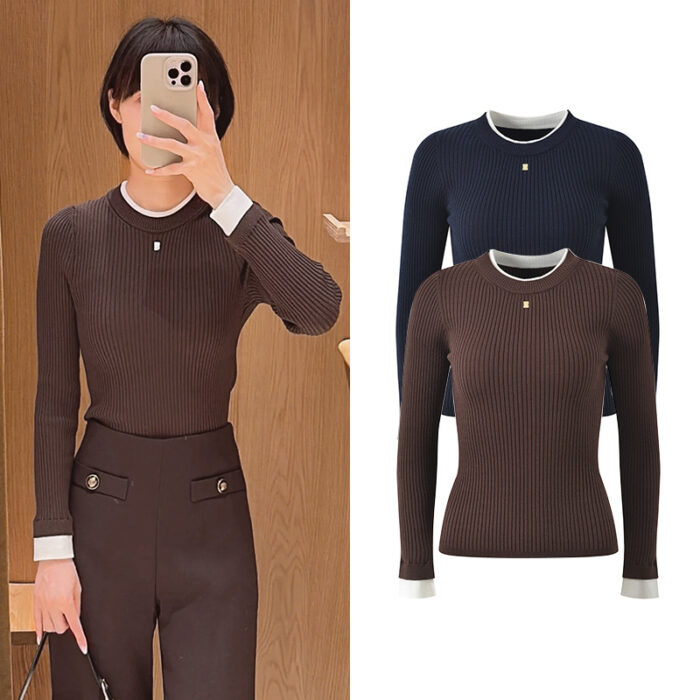 2025 Fall-Winter New Style Slim Fit Color-Blocking Round Neck Knit Top, Elegant, Stylish, Suitable for Work, Versatile, Undergarment, Top Layer 5250345